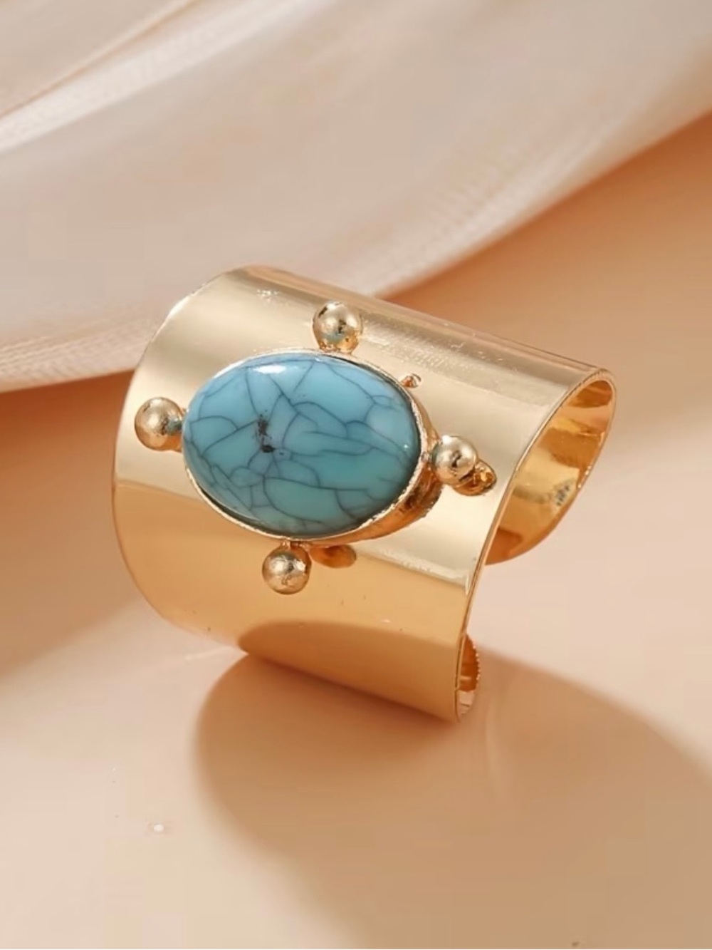 Gold Cuff Ring with Turquoise Stone - Adjustable Size